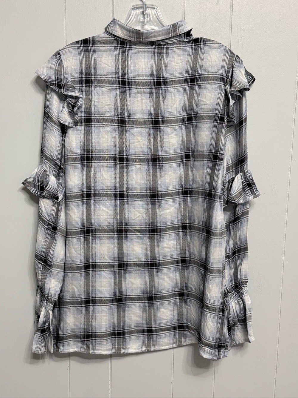 #21) Women’s Black & White Plaid Ruffle Button-Down Shirt - Picture 2 of 5